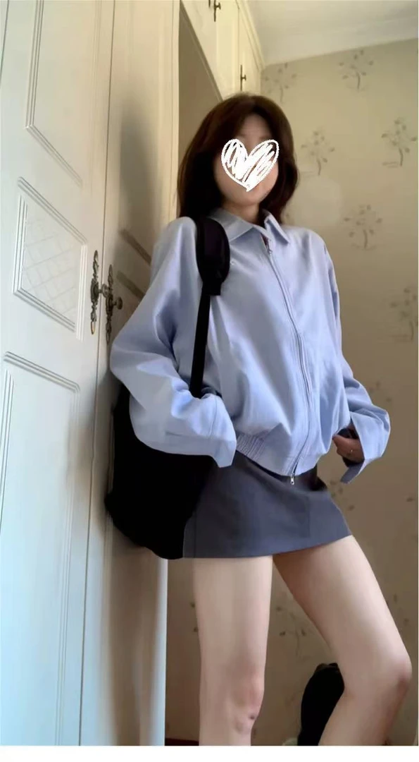 韩系巨好看蓝色夹克外套女春