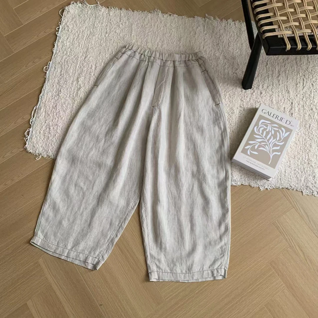 素心轻奢 2025夏季日系复古松紧腰抽绳休闲宽松亚麻明线阔腿裤女