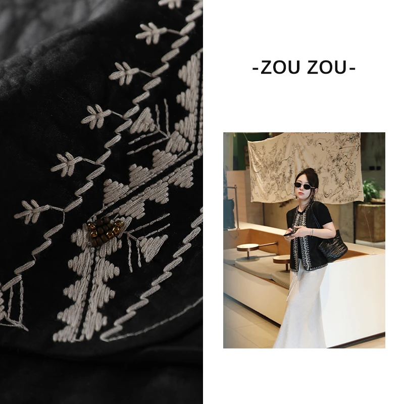 邹邹小个子新品 香云纱复古刺绣国风马甲女夏薄款民族风背心外套