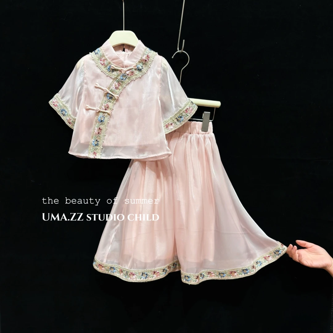 【现货清仓】女童2025夏季新款古风中国重工刺绣女童上衣+裙子套装