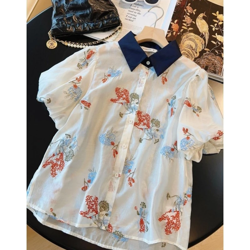 洋气泡泡袖2025夏季设计师款重工轻薄莱赛尔花朵刺绣短袖衬衫法式