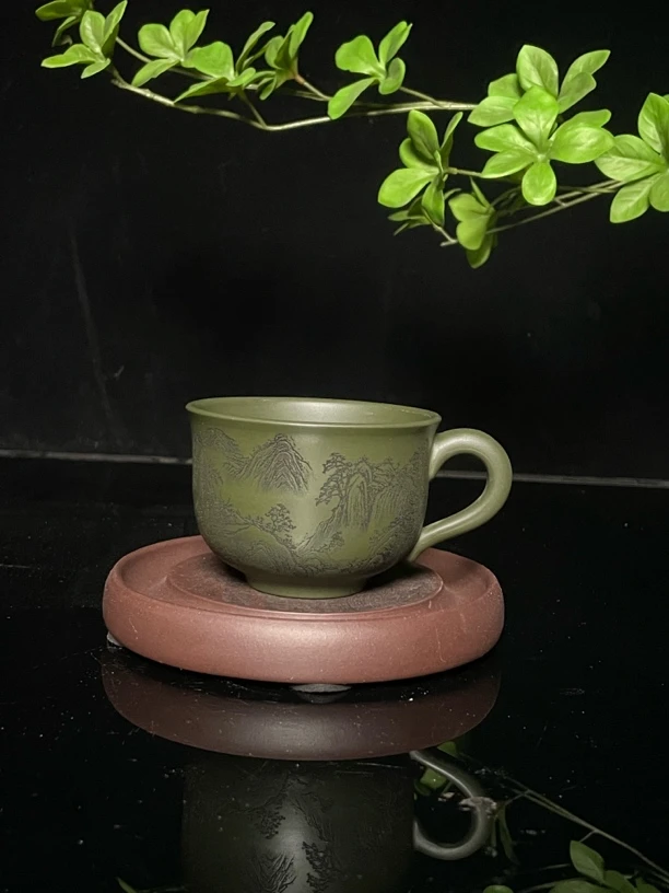 A007宜兴紫砂原矿绿泥山水刻绘手把杯120容量防烫茶杯