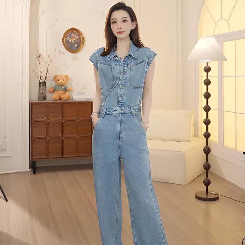 美式复古时尚工装无袖牛仔连体裤女2025年夏季新款显瘦高腰裤子潮