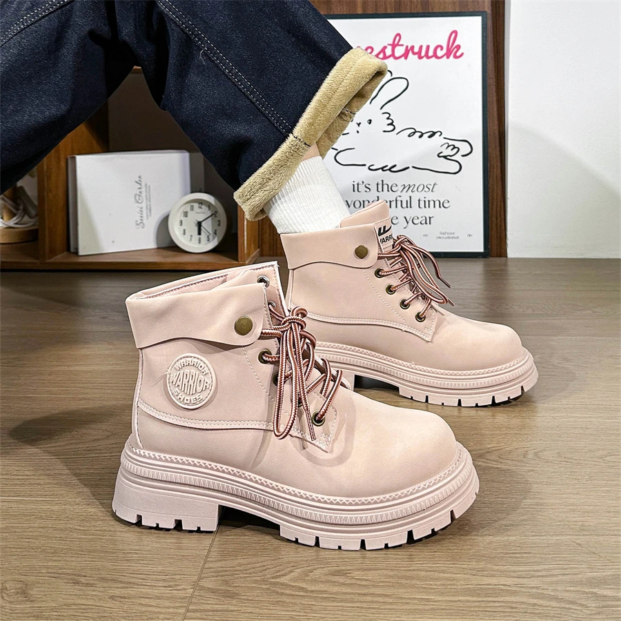 Warrior/回力粉色新款小个子马丁靴子女高帮爆款中筒增高工装靴潮