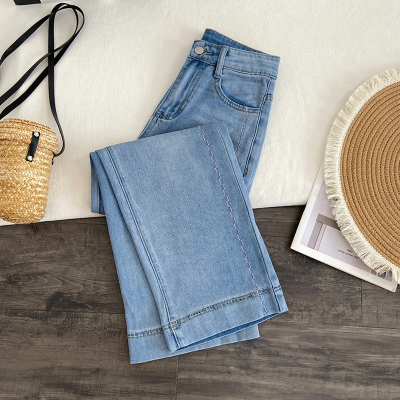 少许现货·巨百搭~夏季薄款刺绣小个子八分九分直筒牛仔裤S1123