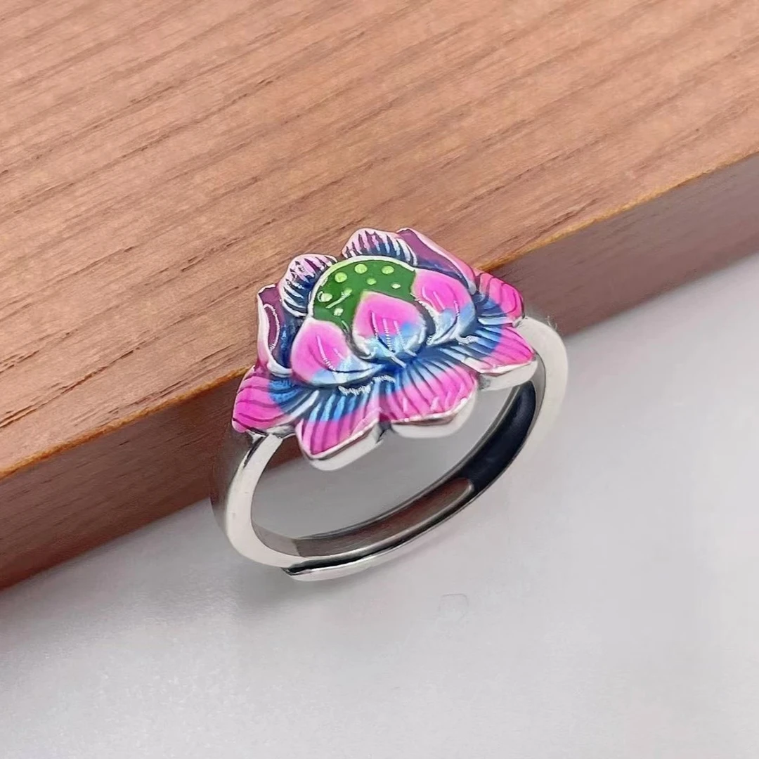 925银戒指 【玺吻】复古民族风莲蓬景泰蓝工艺烧蓝莲花可调节戒指