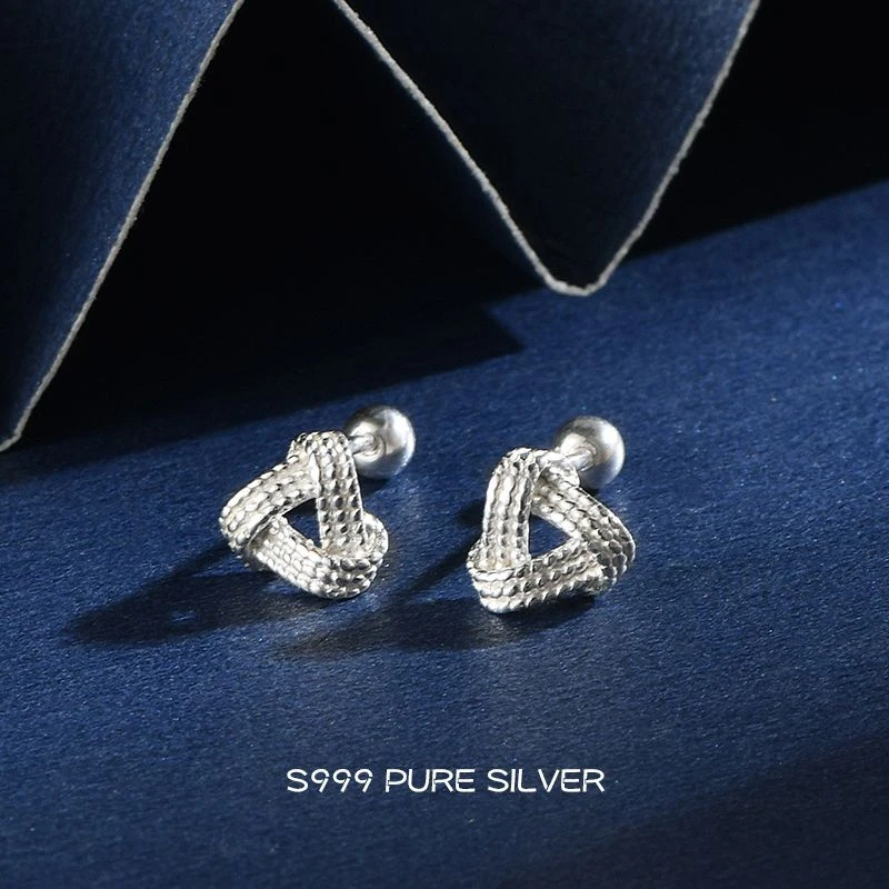 足银耳饰 s999纯银时尚通勤时尚OL镂空几何图形拧螺丝耳骨钉饰品