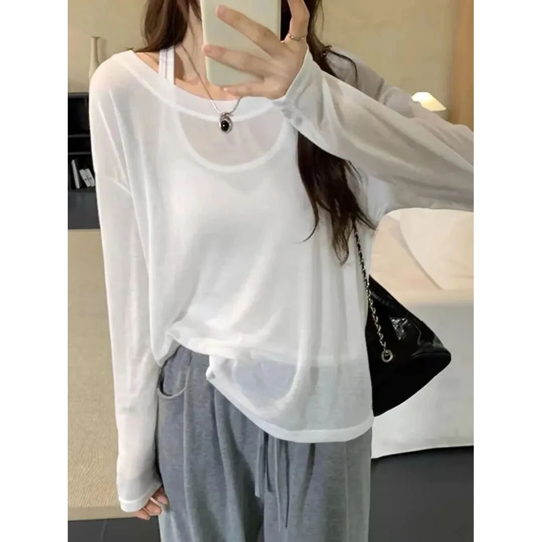 2025春防晒真两件慵懒风工字背心微透宽松长袖上衣女温柔气质上衣