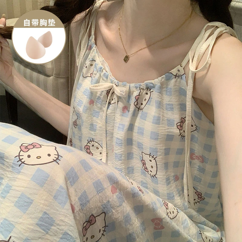 吊带睡裙女款夏季2025新款绵柔格子甜美可爱睡衣带胸垫薄款家居服