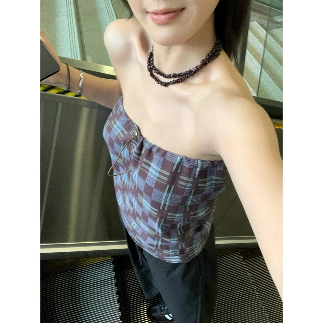 韩系小众设计感韩版复古格纹抹胸抽绳上衣女直筒裙辣妹两件套装夏