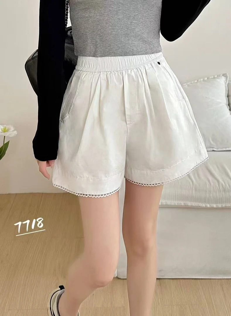 7718韩系夏季新款洋气镂空蕾丝边阔腿显瘦短裤