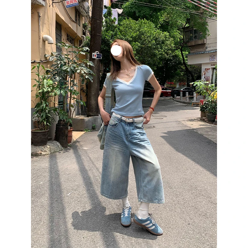 2025夏季新款浅蓝色宽松竹节纹牛仔裤女美式阔腿直筒显瘦七分裤子