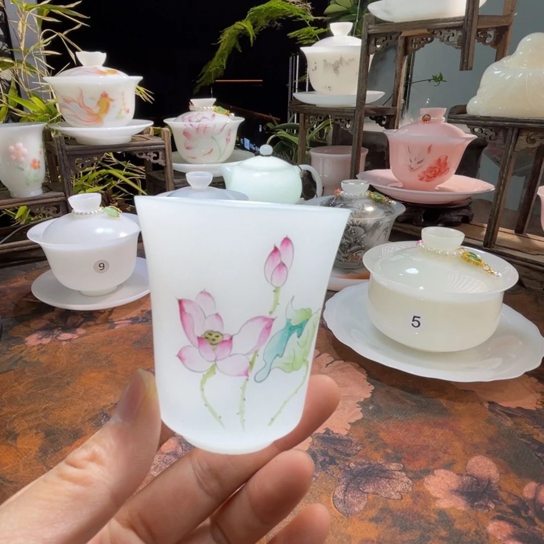 冰晶璞玉手绘荷韵闻香杯