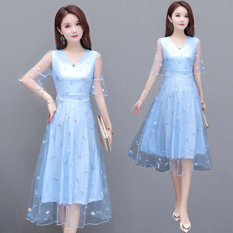 网纱刺绣连衣裙2025新款流行长款夏装仙女裙高档中年妈妈洋气裙子