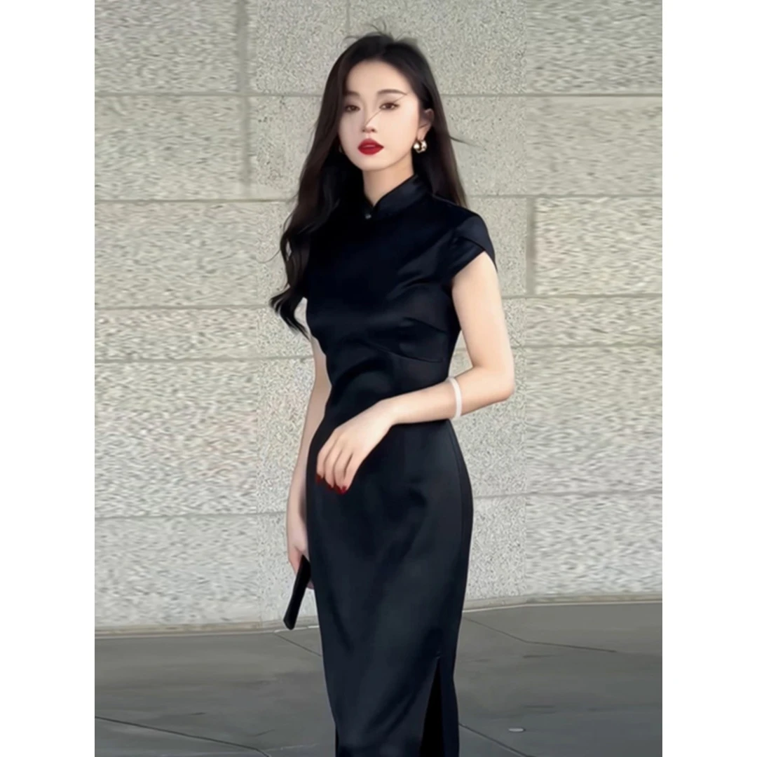 M031气质日常常规款黑色修身小众一步裙显瘦性感日常旗袍一字扣