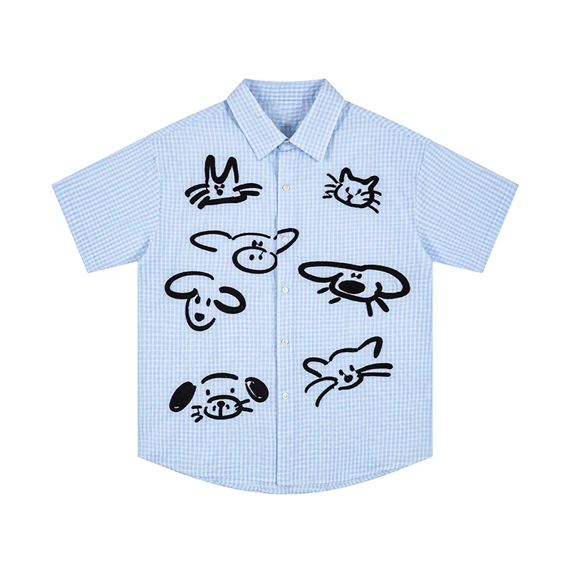 日系慵懒风猫咪刺绣格子短袖衬衫女夏学院风宽松百搭情侣休闲衬衣