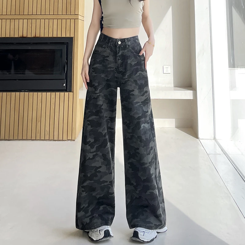 La Chapelle/拉夏贝尔迷彩高腰阔腿牛仔裤女2025宽松高端直筒裤女