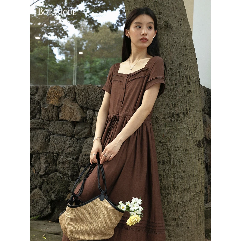 Botanique植物学“玫瑰系列”天丝亚麻巧克力/香草白法式连衣裙