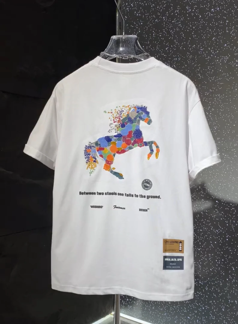 2025夏季新款爆款纯棉潮流时尚彩色马印花休闲痞帅男士短袖t恤