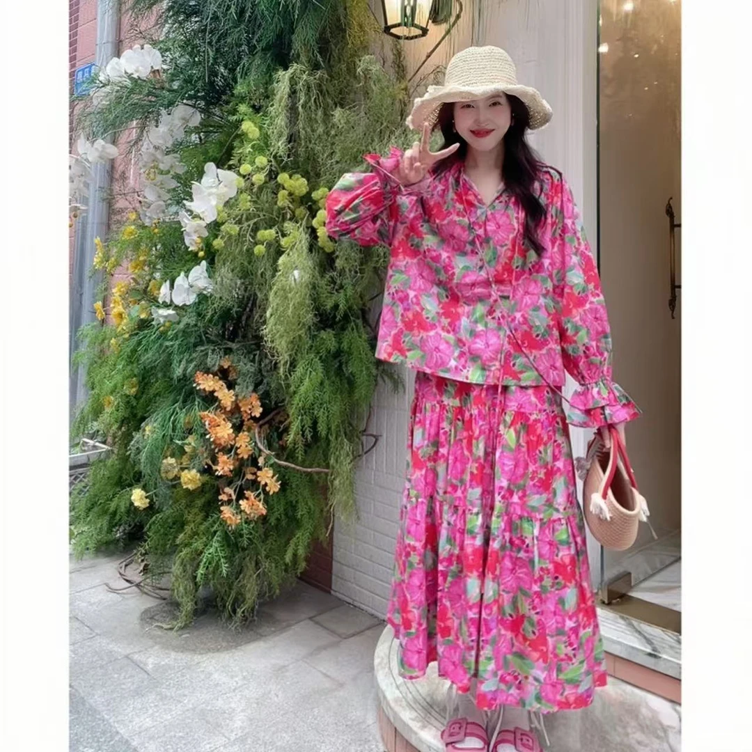 燃冉【清迈花季】春夏碎花复古时尚气质套装甜美减龄印花上衣和半裙