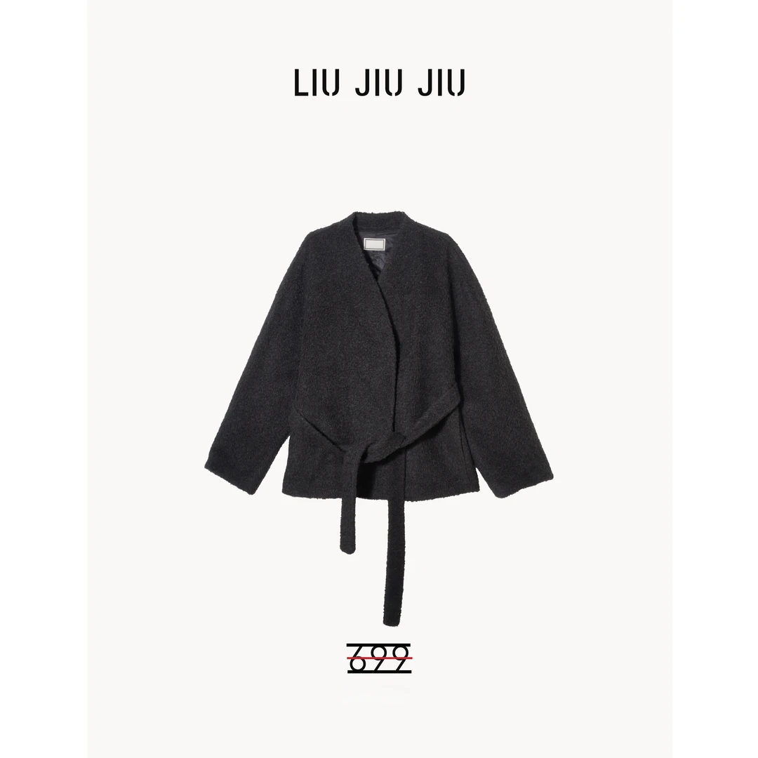 LIUJIUJIU 千金韩系轻奢极简设计感落肩V领绑带毛呢大衣WT5511L