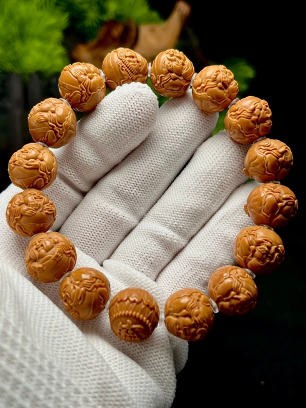 猴头核桃精雕竖版荷叶财神手串男女文玩 尺寸14MM左右