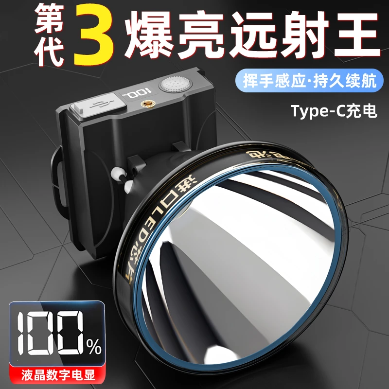 布格朗S90强光感应头灯充电超亮头戴式LED远射户外夜钓鱼超长续航