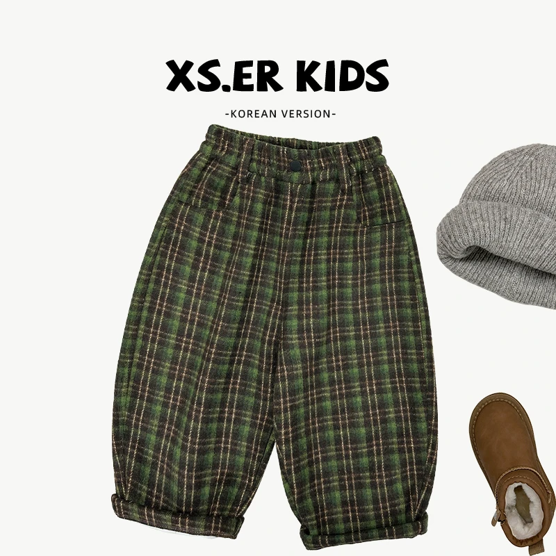 【小首尔】现货-男女童加绒加厚简约韩版休闲宽松格子裤HBB6335