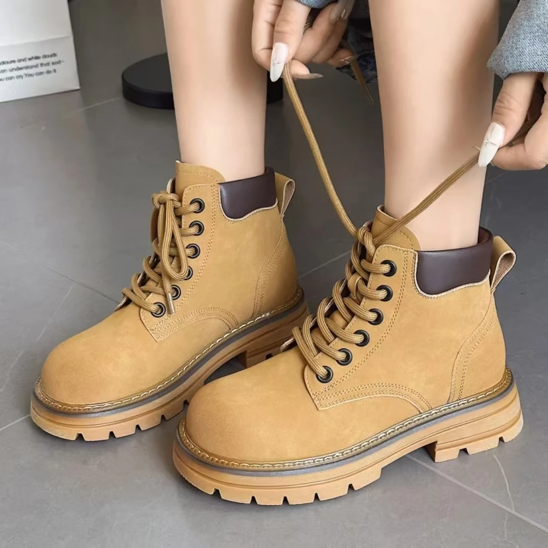 秋季新款小个子厚底增高马丁靴英伦风复古短靴女大黄靴 766-10