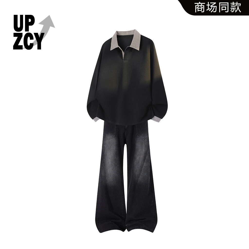 UPZCY长袖卫衣套装男款秋季小众轻奢设计感牛仔裤两件套轻奢男装