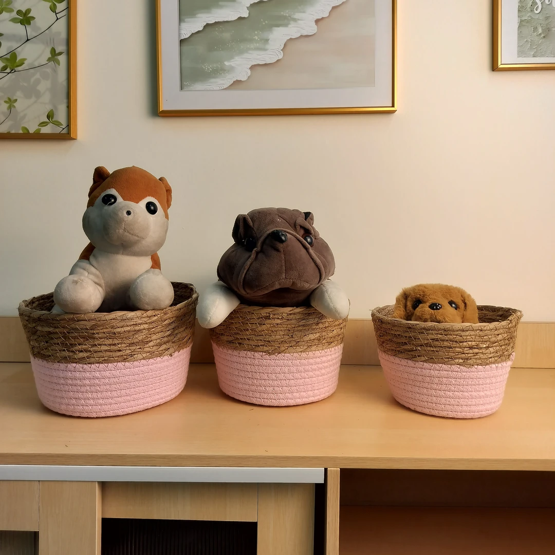 巧娘宫北欧可爱风棉线蒲草双编粉色收纳筐，客厅卧室浴室家居装饰