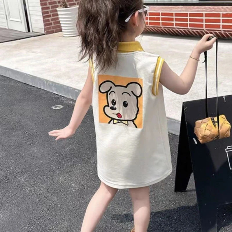 夏季中小童学院风女童适用卡通动漫图案纯棉A字无袖Polo连衣2025