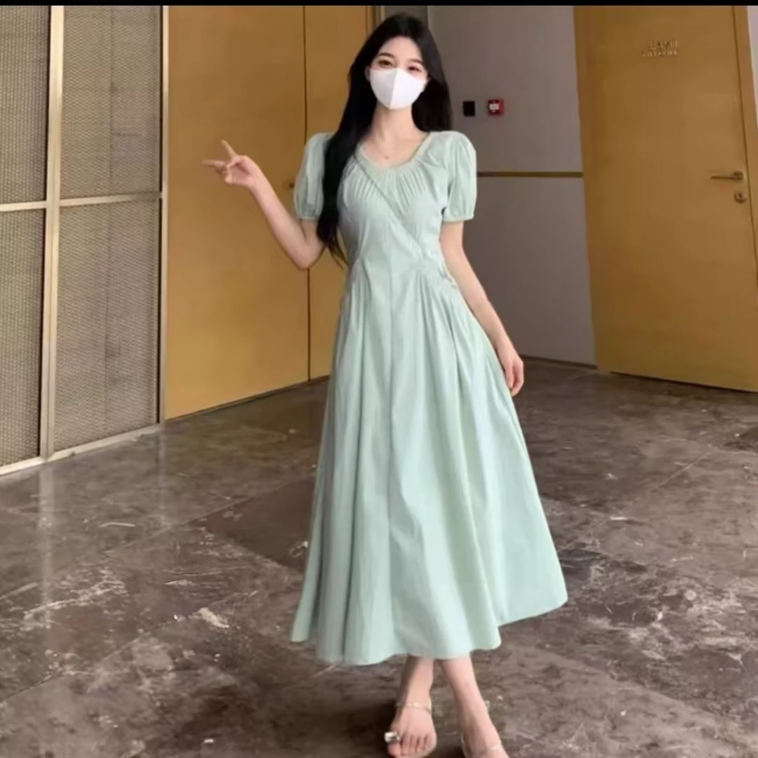（万万专属）法式高级感薄荷绿连衣裙夏季胖mm显瘦泡泡袖v领裙1547