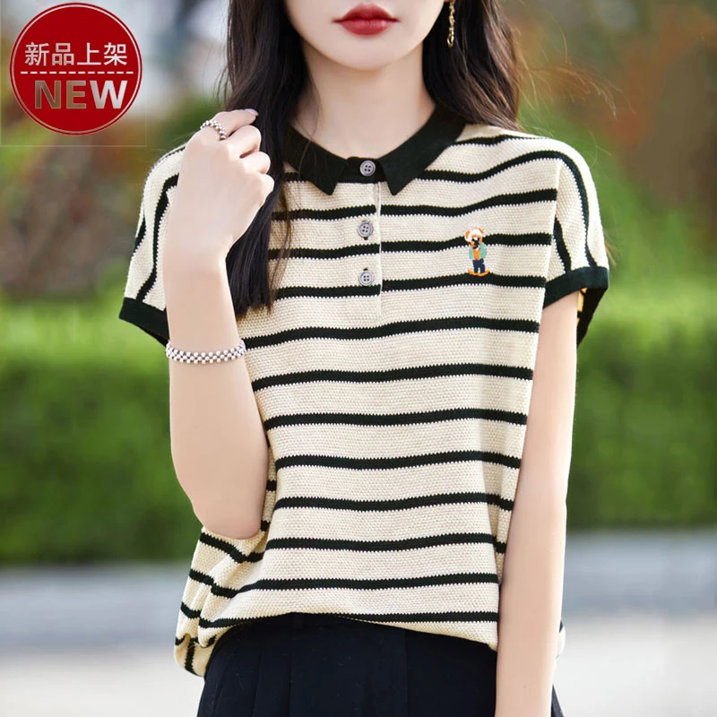 2025新款翻领针织衫条纹小熊刺绣洋气百搭夏季短袖休闲显瘦薄款女