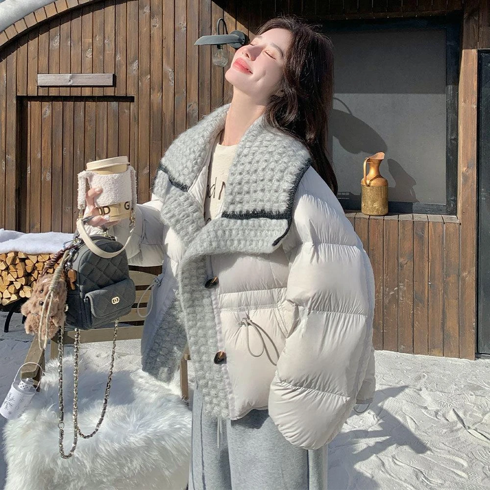 针织拼接白色泡芙羽绒服女冬2025年超火好看高级小众短款加厚外套