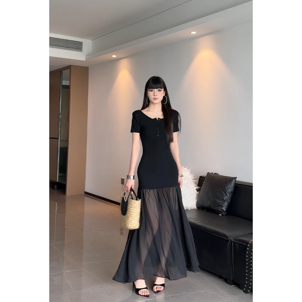 【JUJU】辣妹气质日常修身显瘦网纱拼接微透连衣长裙