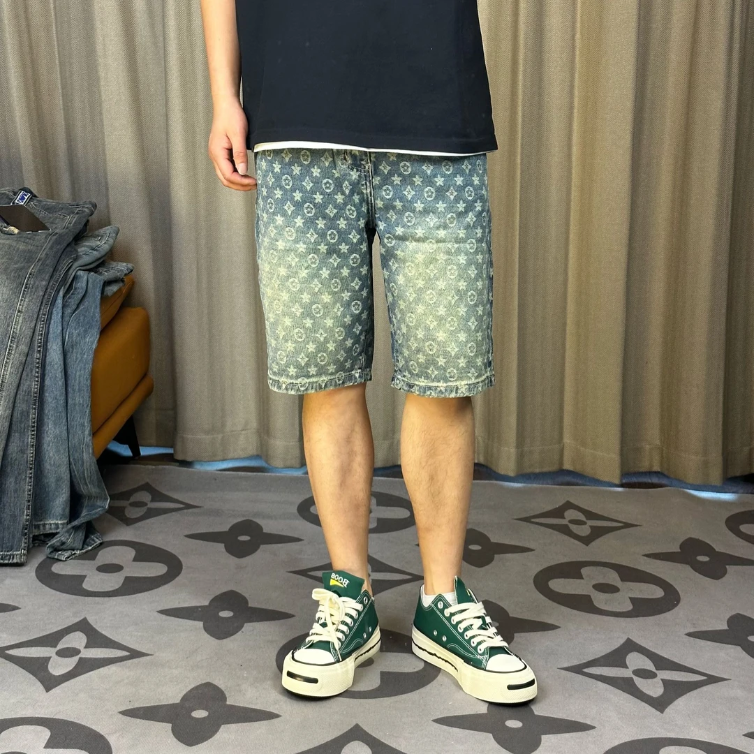 夏季新款提花潮牌高街设计感五分牛仔短裤高端中裤男潮流百搭裤子