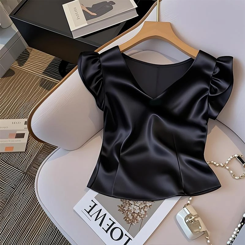 2025夏季新款独特高级感V领黑色显瘦上衣飞飞袖超好看缎面小衫T恤