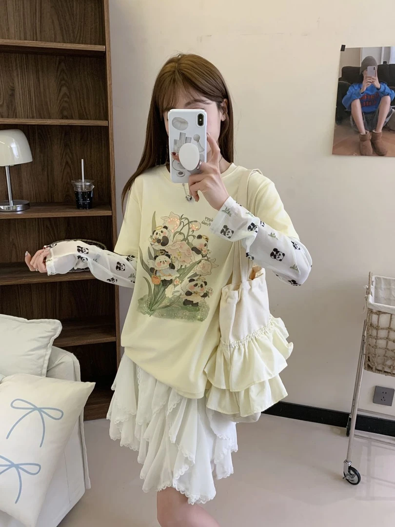 小雅姐姐 【风铃花熊猫】印花假两件防晒袖T恤IS29