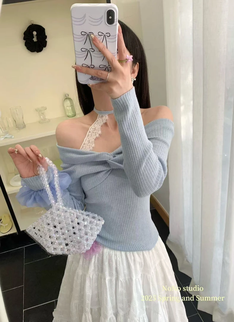 NONO@0067 蕾丝系带针织衫假两件