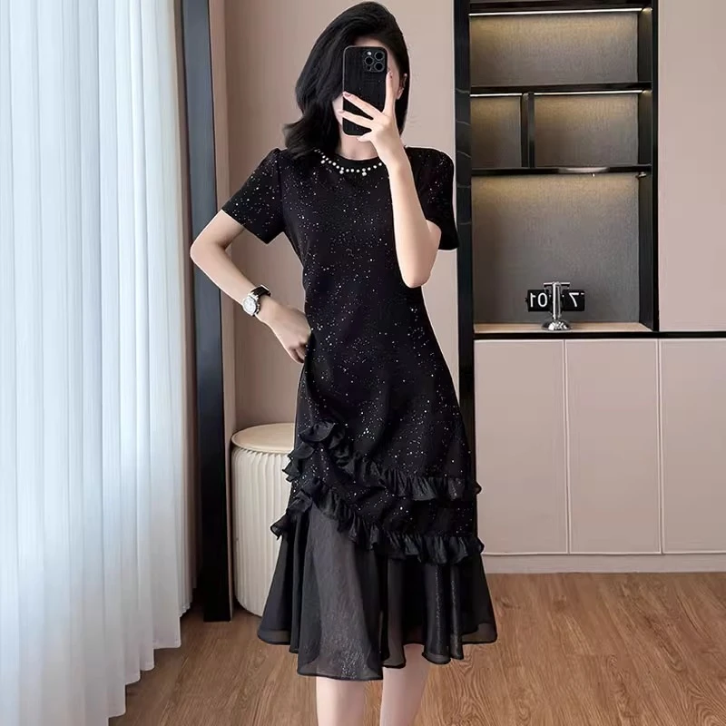 大码女装2025夏季胖mm法式优雅设计感显瘦钉珠拼接鱼尾中长连衣裙
