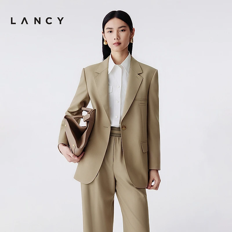 LANCY/朗姿2025冬新款气质优雅羊毛宽驳领西装外套女简约通勤上衣