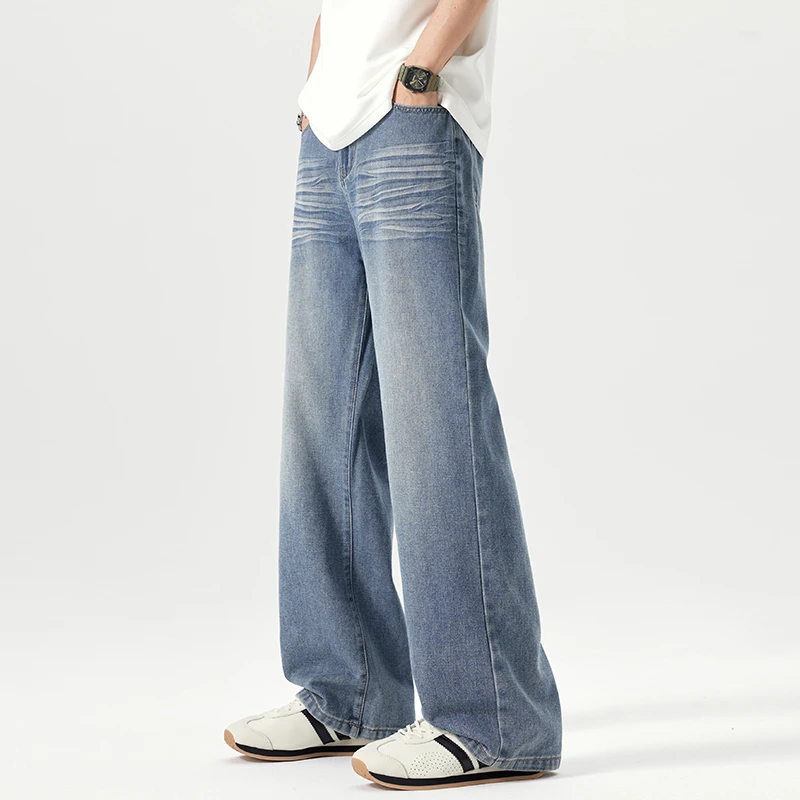 休闲阔腿水洗牛仔裤阔腿裤水洗潮流裤子春秋长裤美式冬季渐变