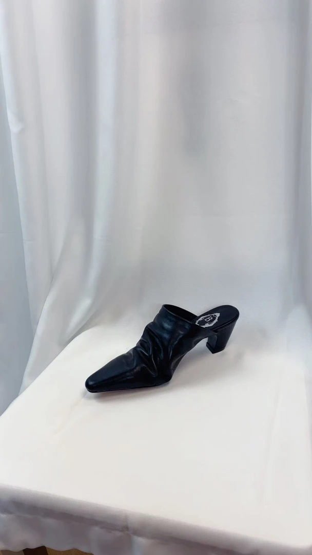 【素雅】5CM/法式极简风小众设计水洗牛皮方头褶皱中跟穆勒拖时尚