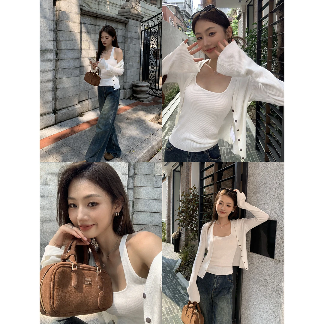 pusumede 喇叭袖v领针织开衫女韩系短款气质吊带背心两件套上衣