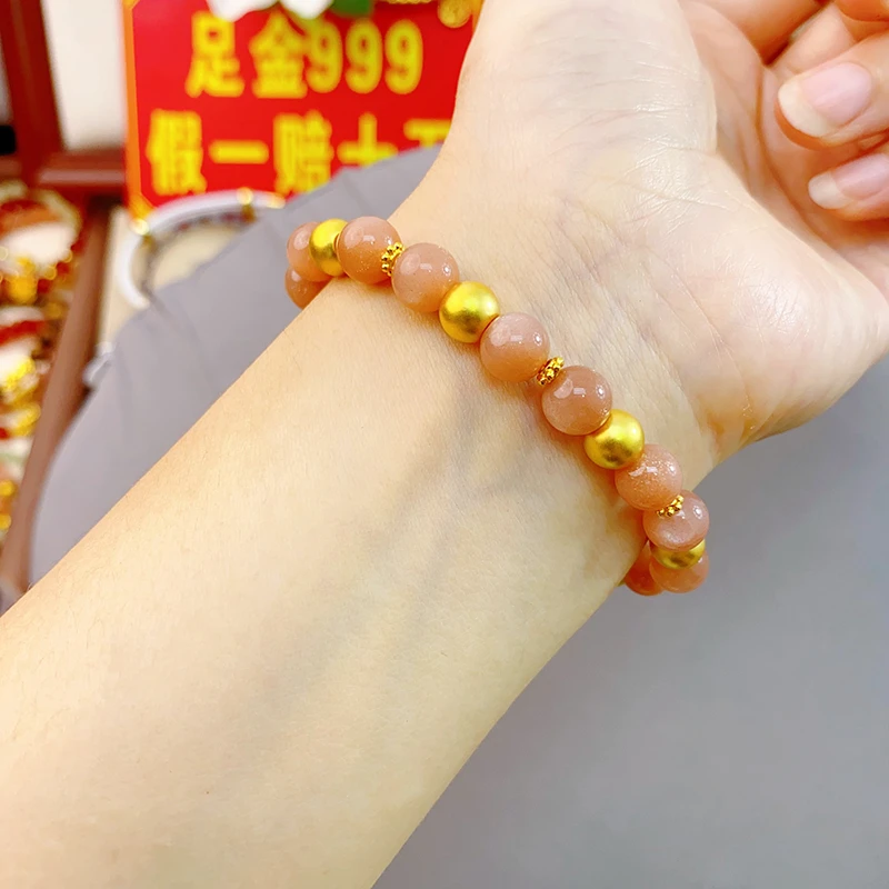足金999卡7古法金珠手串女款雪花隔片手链粉色时尚气质5D硬金工艺
