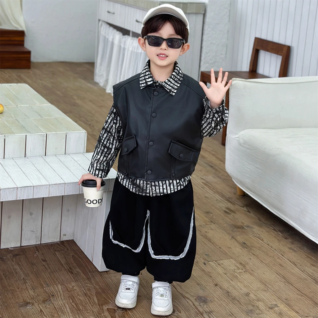 男童春秋款条纹拼接套装潮酷休闲马甲衬衫长裤儿童三件套