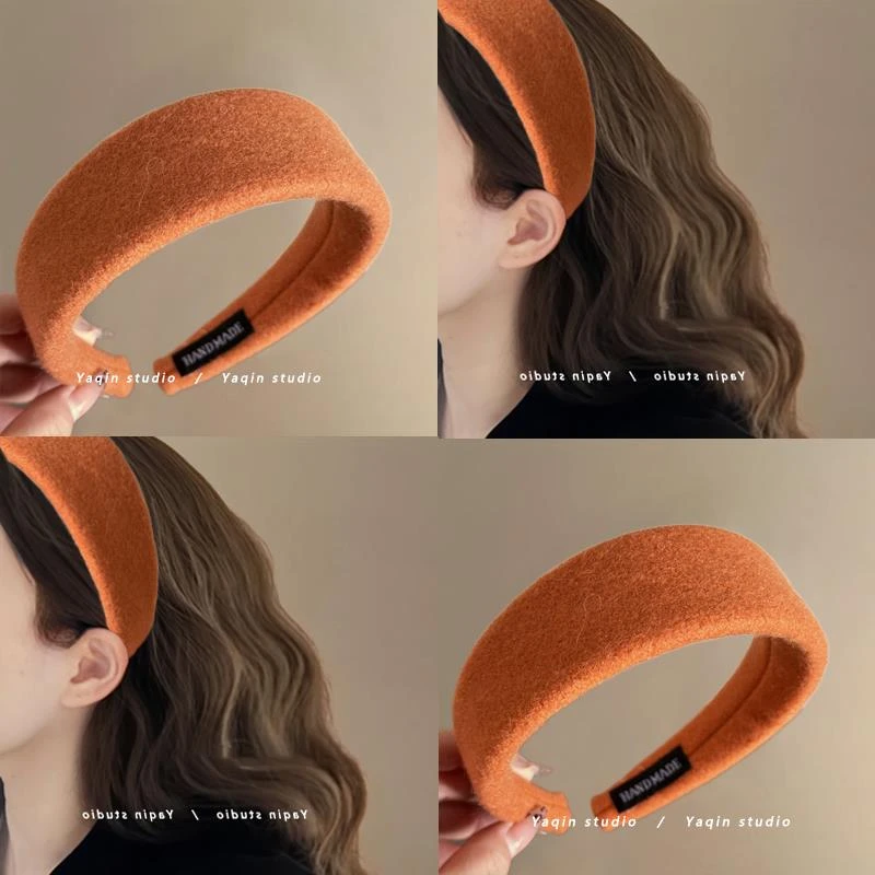 橙色毛呢~布艺宽版气质外出发箍百搭发饰纯色高级感发箍发夹头饰