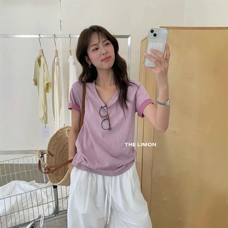 韩系百搭V领纯棉正肩短袖女t恤夏季宽松休闲时尚薄款半袖体恤上衣
