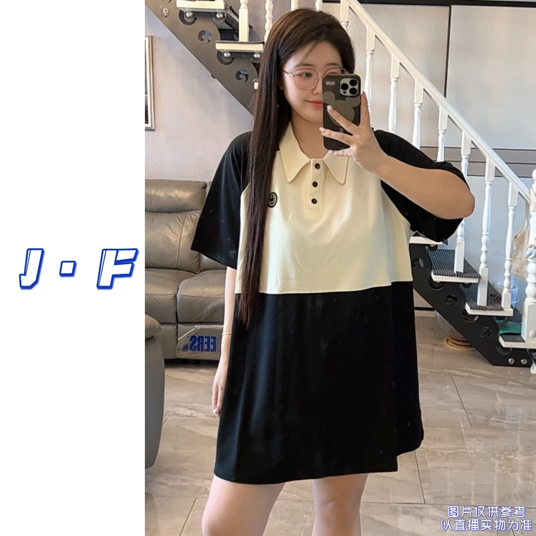 JF定制大码女装8833学院风撞色拼接polo领宽松加肥250斤中长T恤裙
